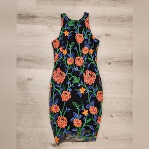 Floral Sleeveless Dress - Black with Multicolor Embroidery